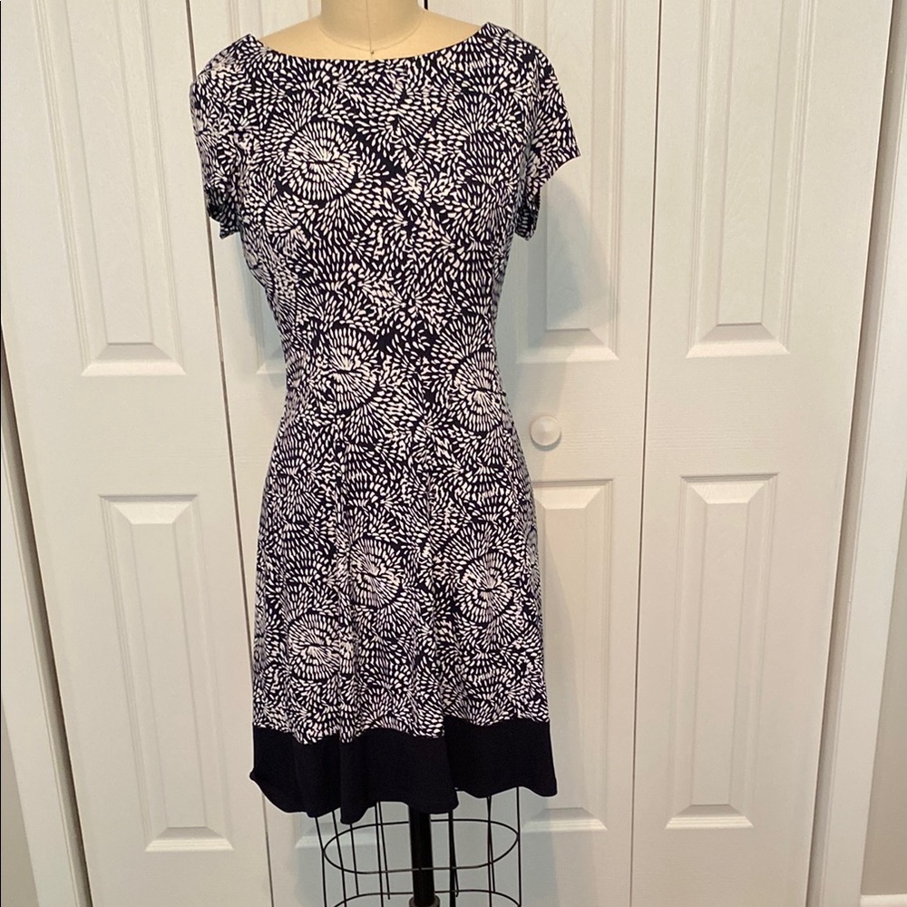 Connected Apparel White and Blue Fit and Flare Dress